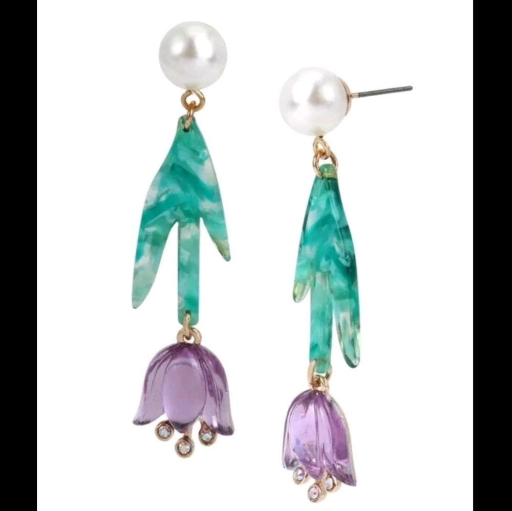 Betsey Johnson Gold Tone Upside Down Tulip Drop Earrings Crystal & Faux Pearl